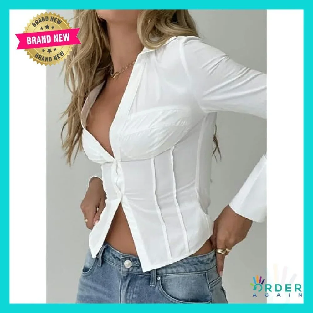 Y2K Slim Fit Button Up Shirt Long Sleeve V Neck Crop Blouse Preppy Streetwear